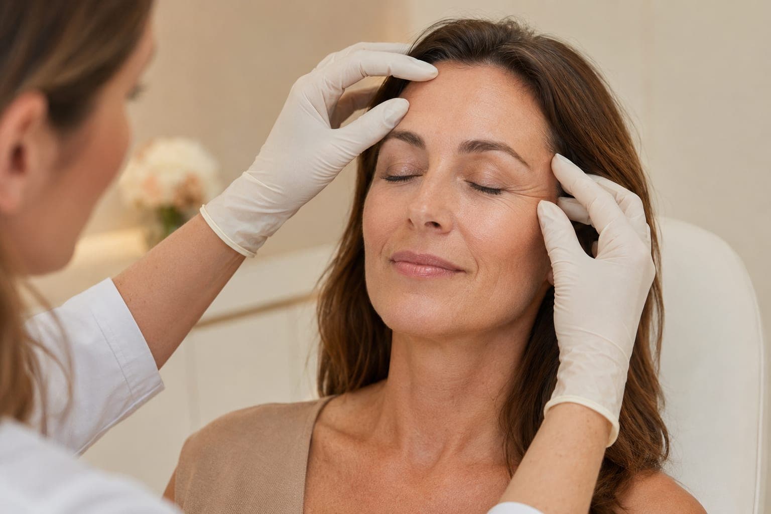 Clinician assessing a woman’s facial skin before a non-surgical treatment