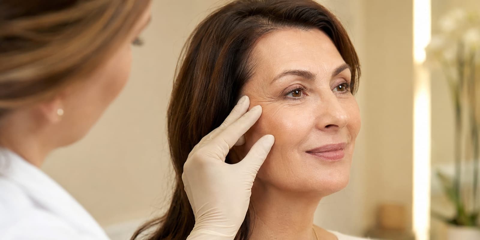 A clinician gently examining a smiling woman's face