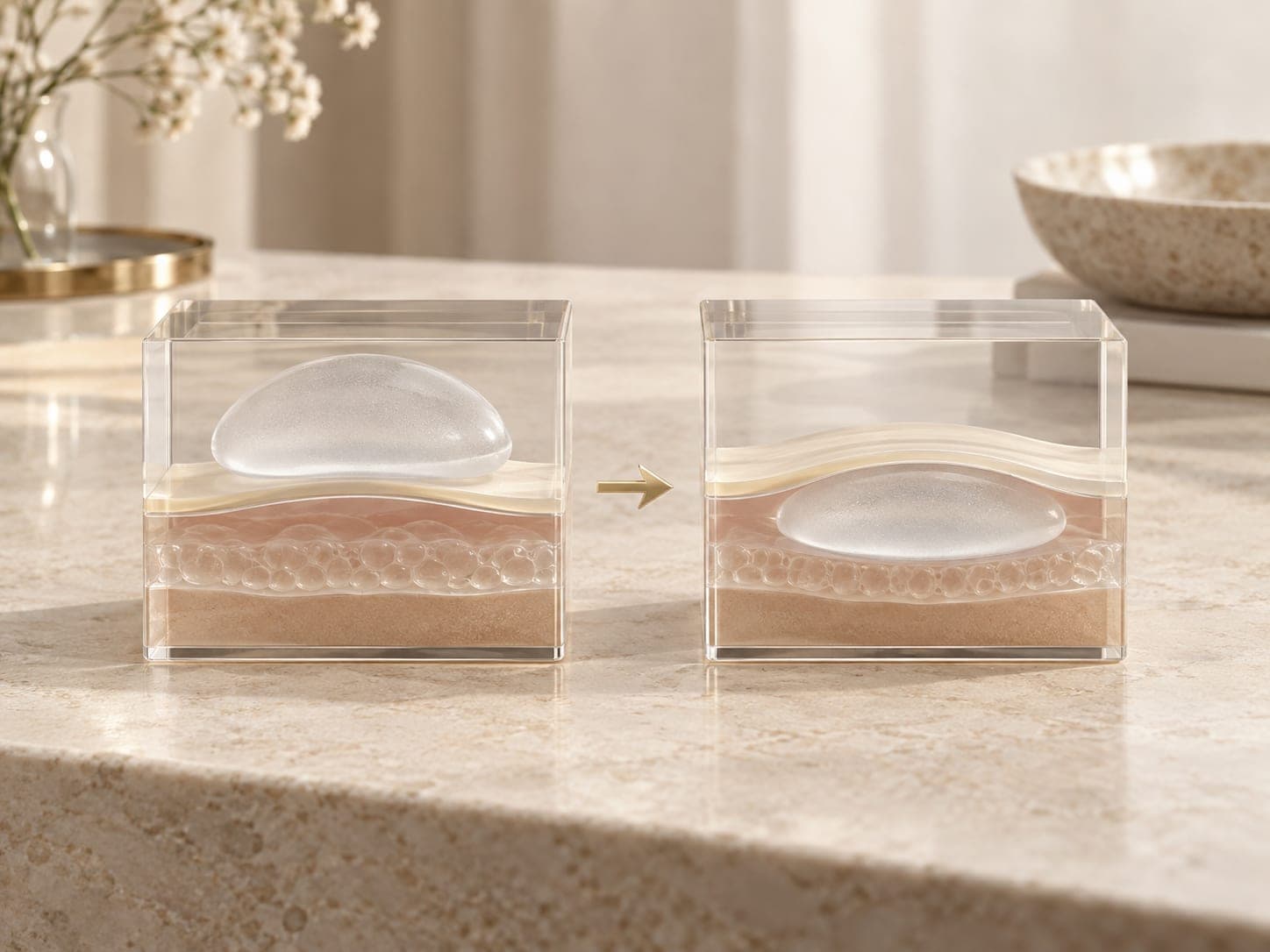 Two models showing a breast implant placed over and under the chest muscle