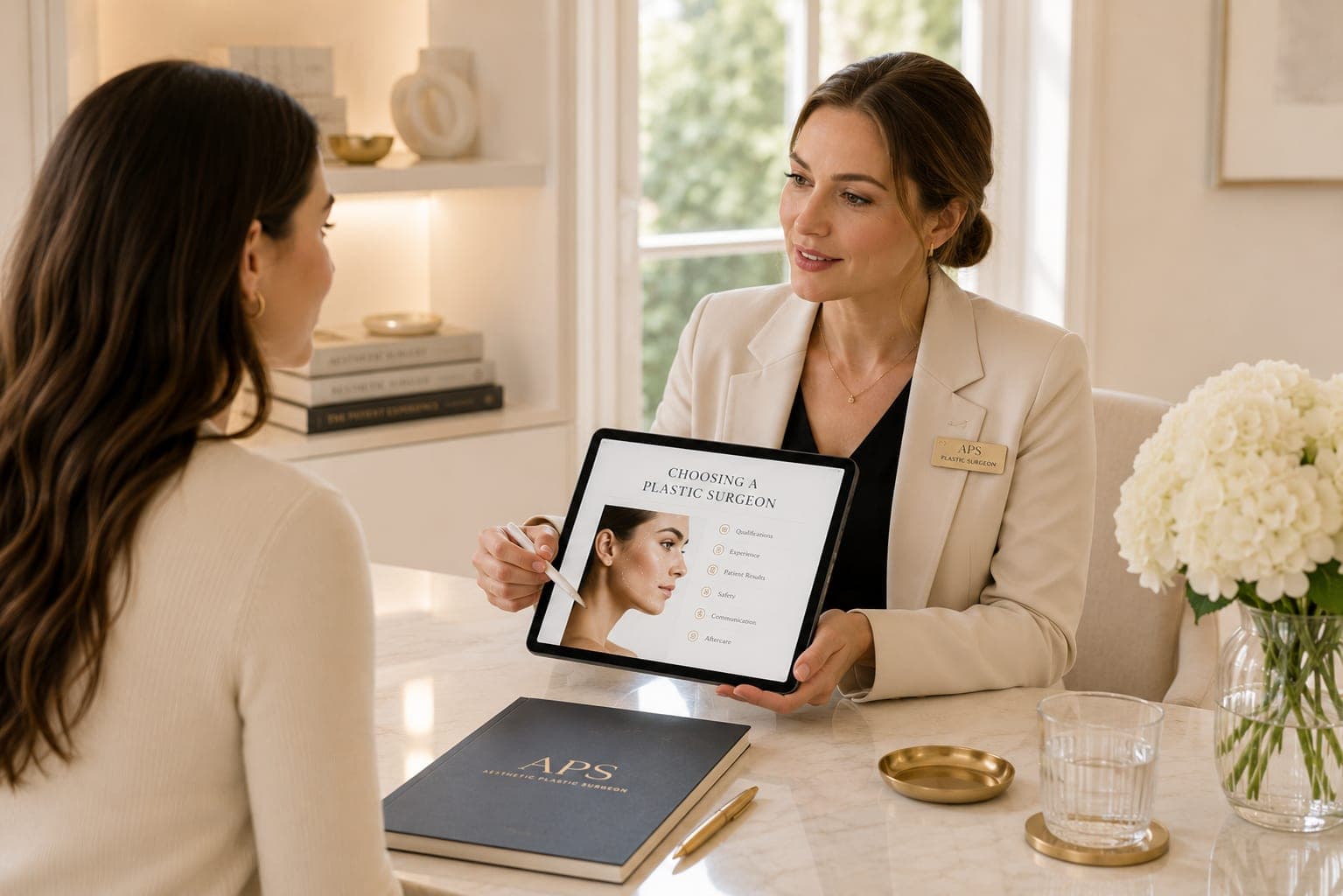 A surgeon talking a patient through a 'Choosing a Plastic Surgeon' guide during a consultation