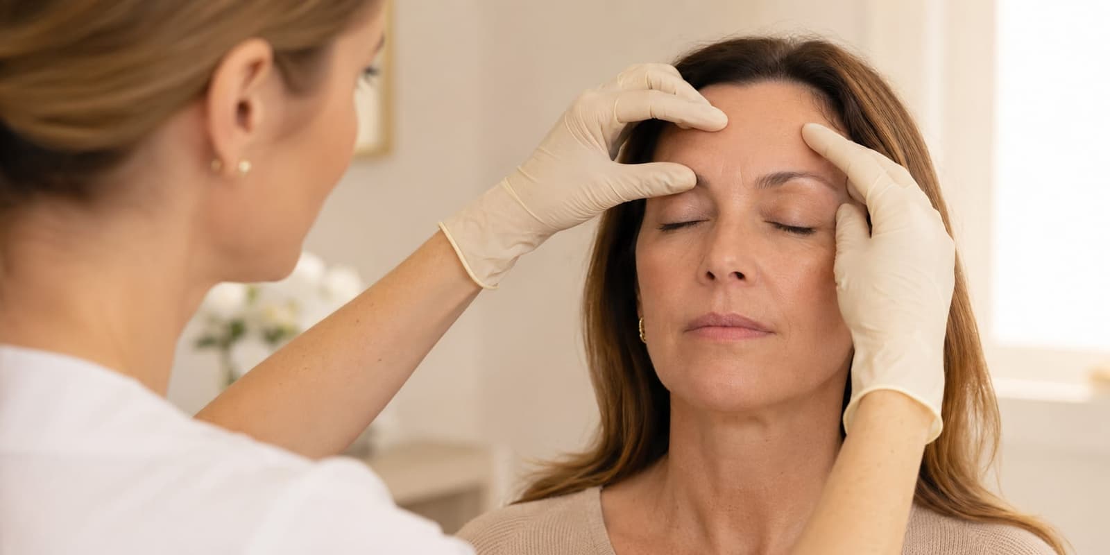Practitioner gently assessing a woman's forehead during a consultation