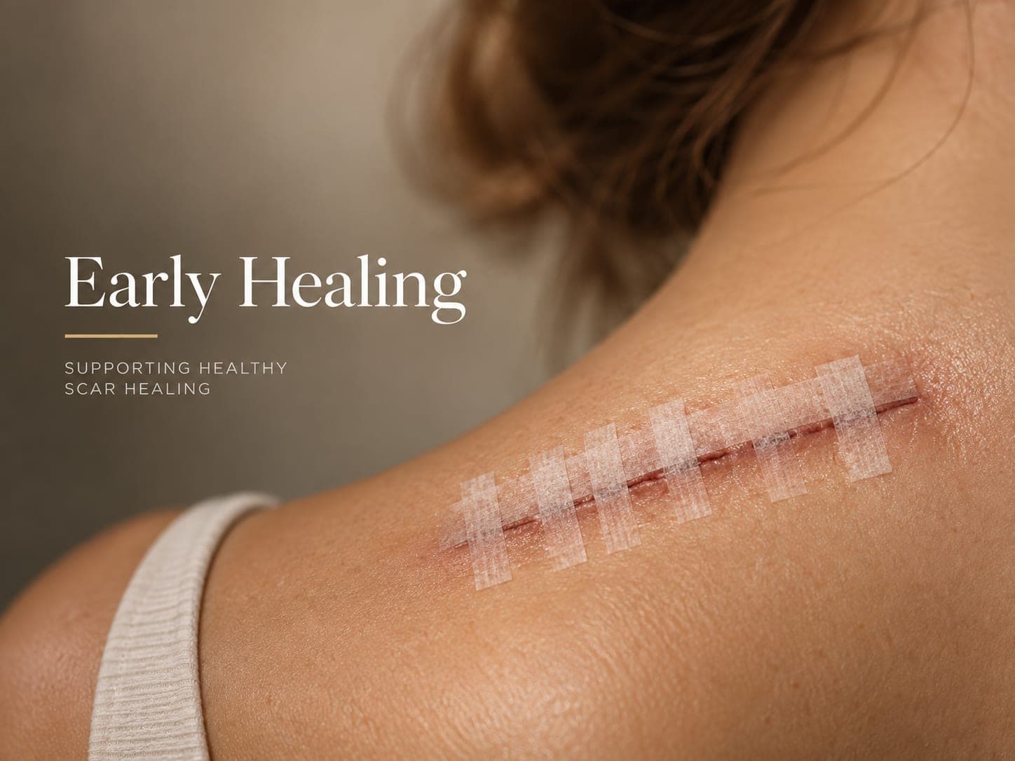 A healing surgical scar closed with paper stitches on a shoulder