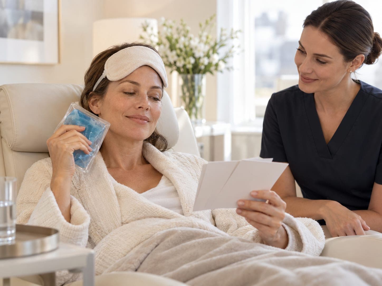 Woman resting with a cool eye mask and compress while a nurse goes through her aftercare