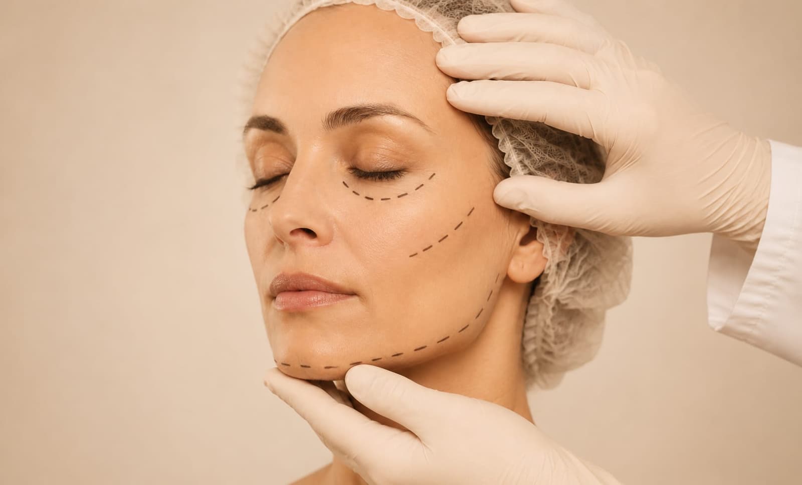 Surgeon's gloved hands on a woman's face marked with dotted lines for facelift surgery