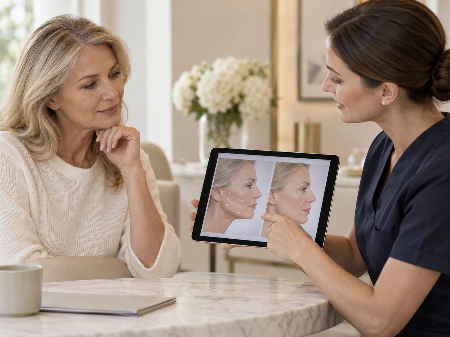 Consultant comparing facial treatment options with a patient on a tablet