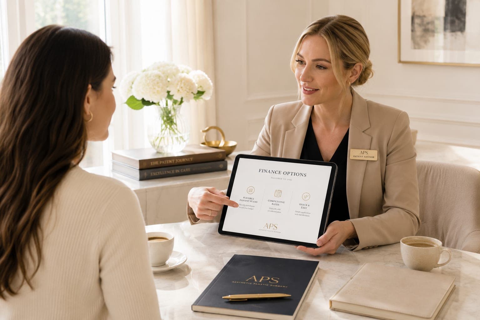 A patient coordinator talking a patient through finance options on a tablet