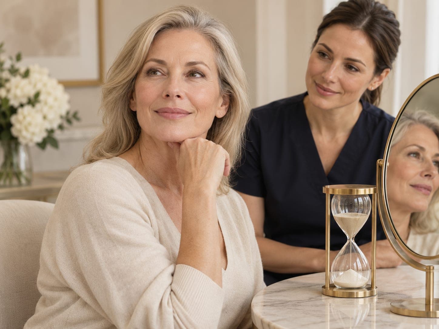 Mature woman reflecting beside an hourglass and mirror during a consultation