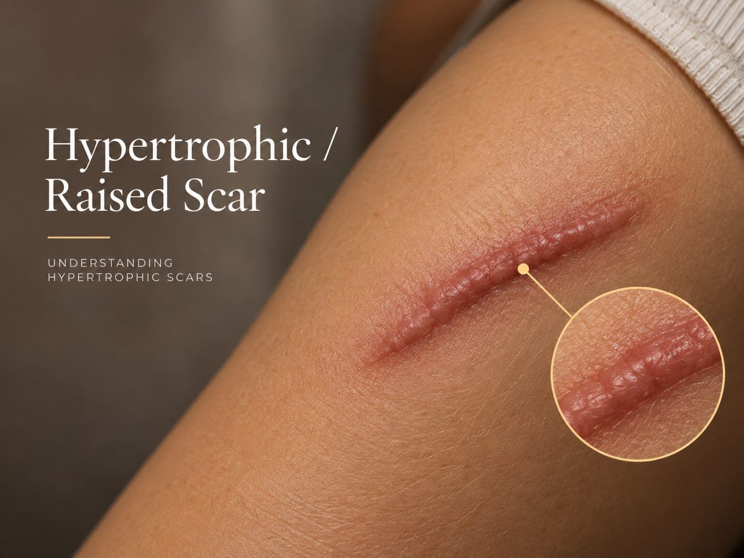 A raised scar on an arm, with a magnified close-up