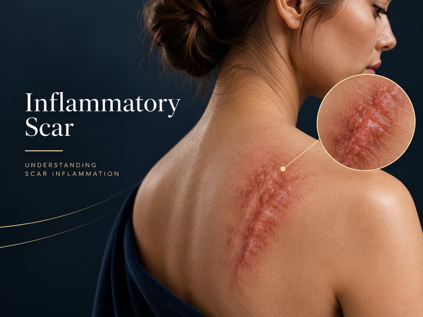 An inflamed red scar on a shoulder, with a magnified close-up