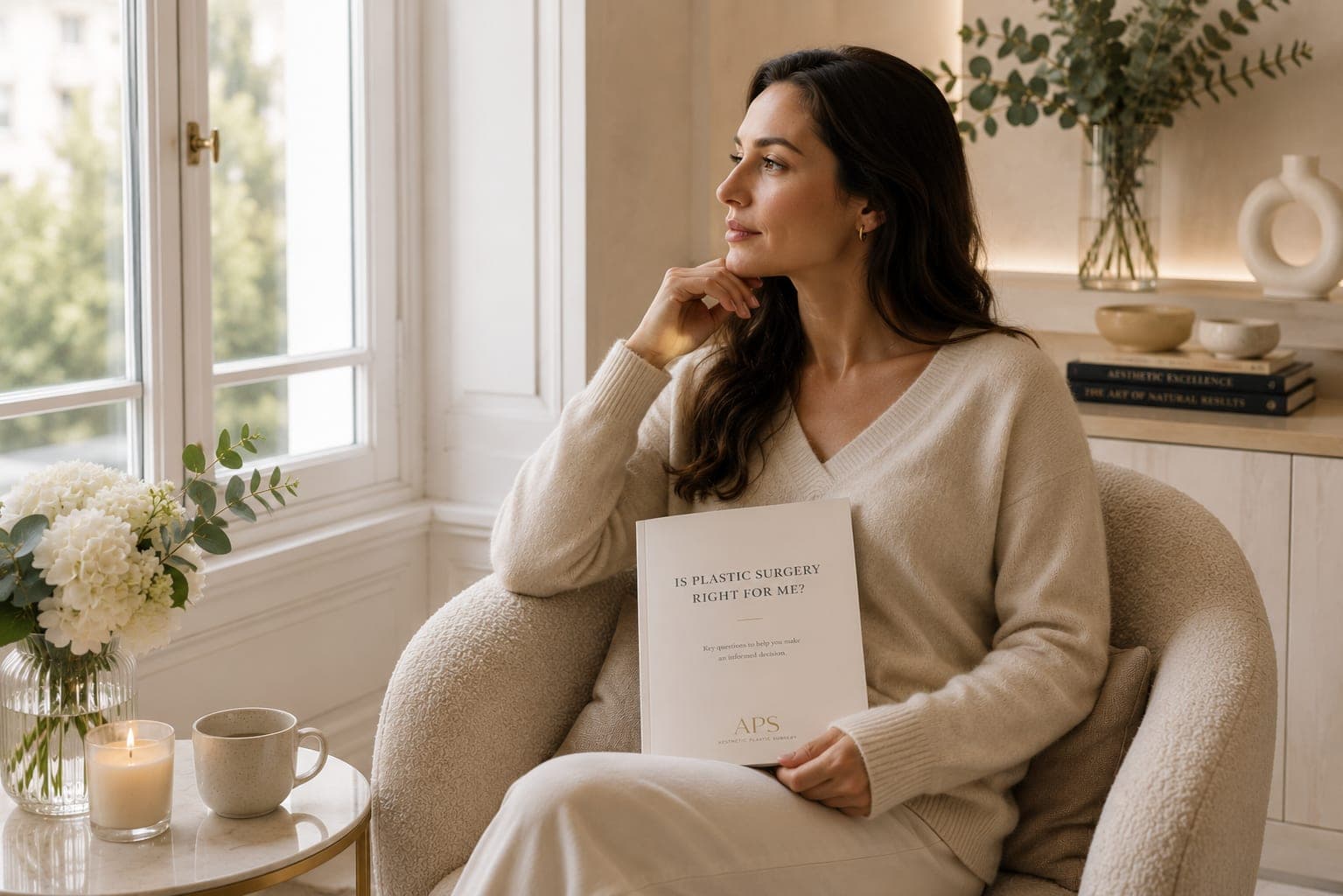 A woman in an armchair reflecting, holding an "Is plastic surgery right for me?" guide