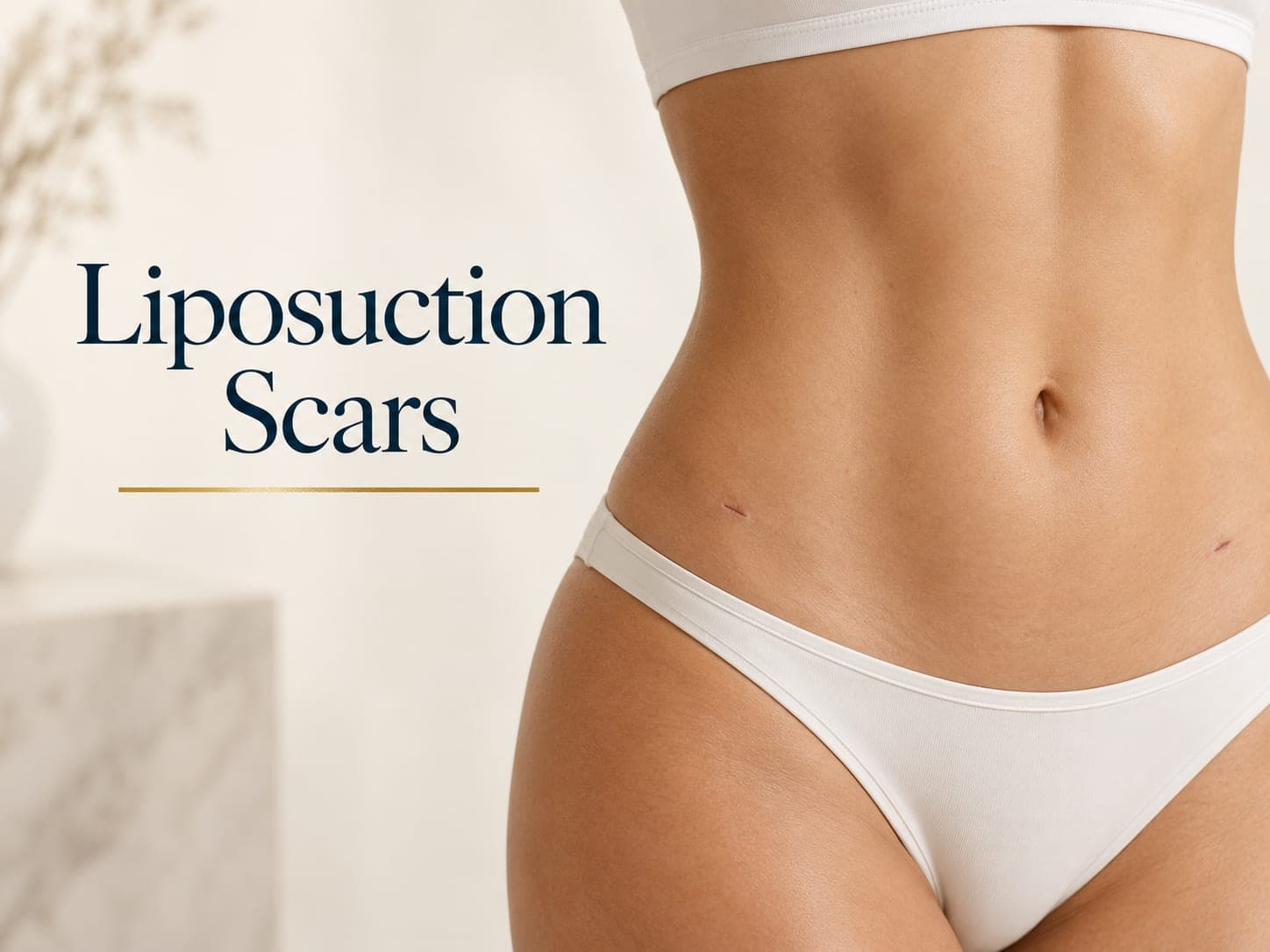 A woman's waist and hips, where small liposuction scars sit