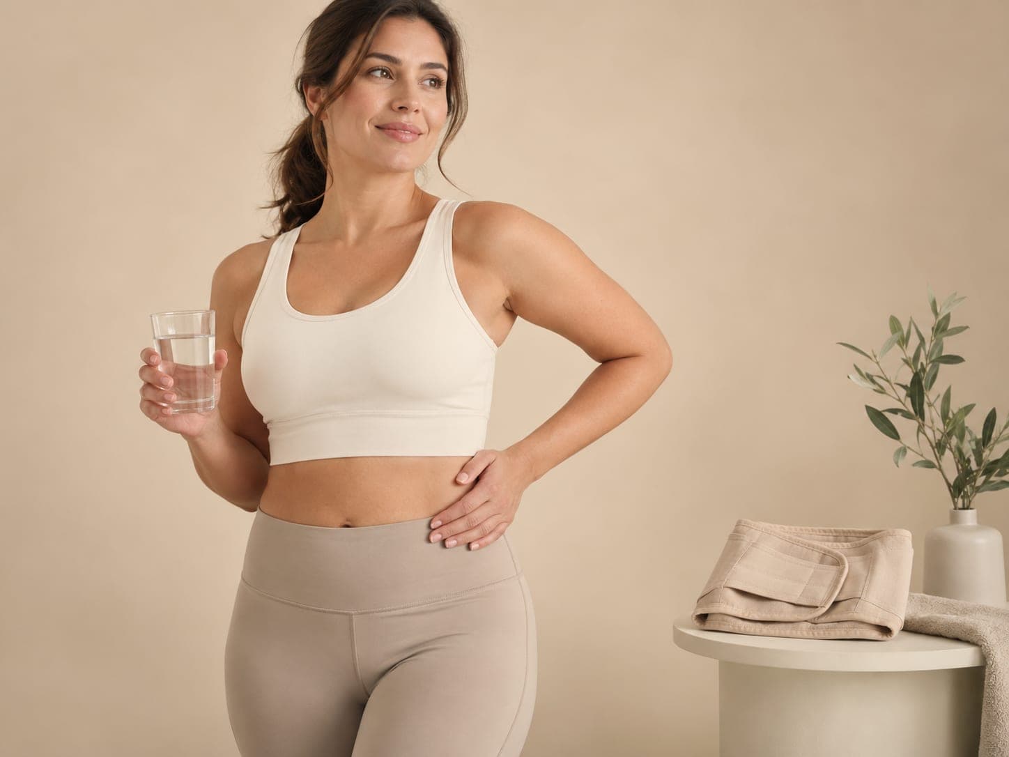 Woman in sportswear holding a glass of water, resting a hand on her waist during liposuction recovery