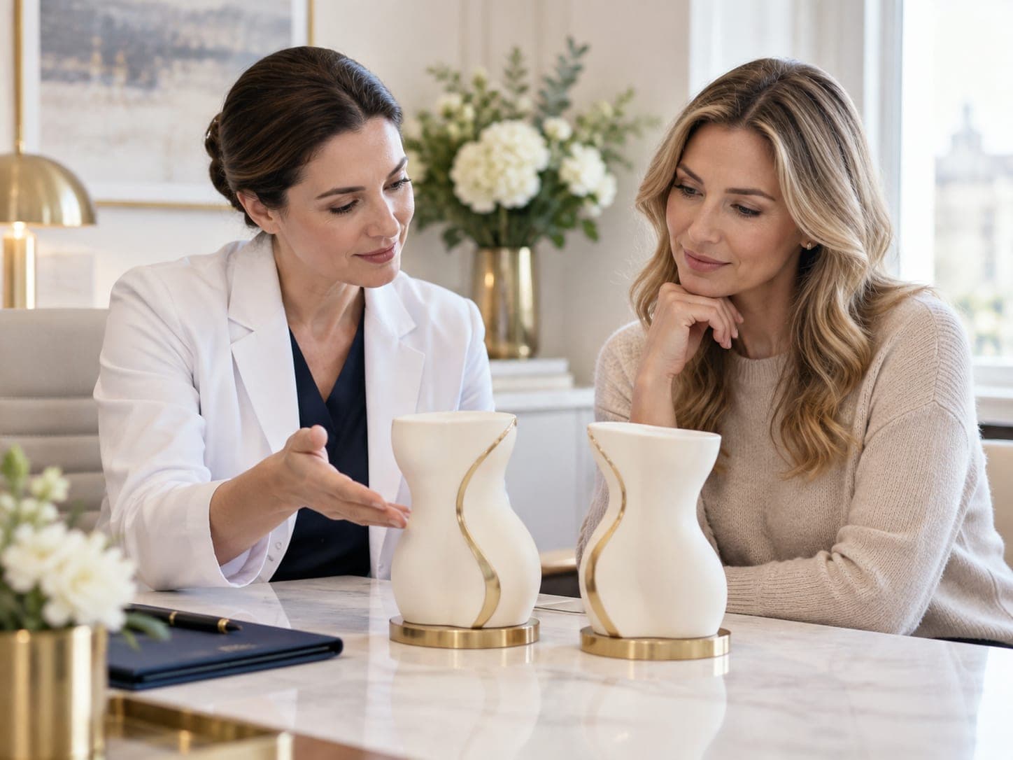 Surgeon using two body-shape models to explain the difference between liposuction and a tummy tuck to a patient