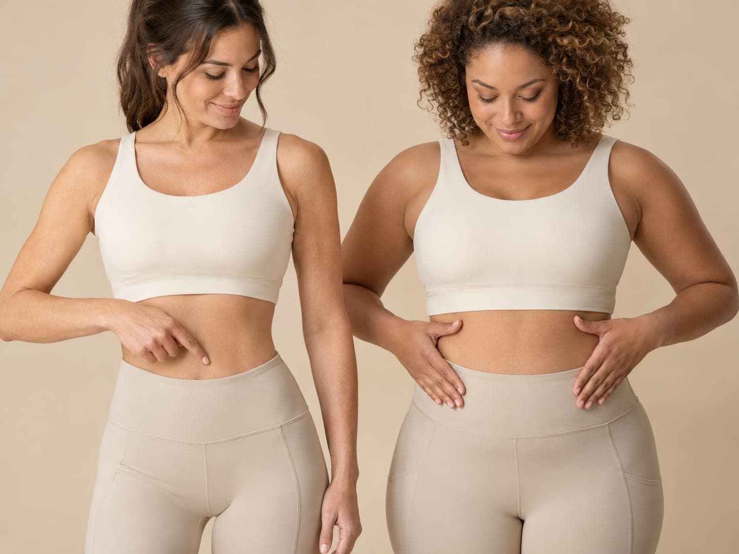 Two women in sportswear with their hands on their lower stomachs, comparing a mini and full tummy tuck