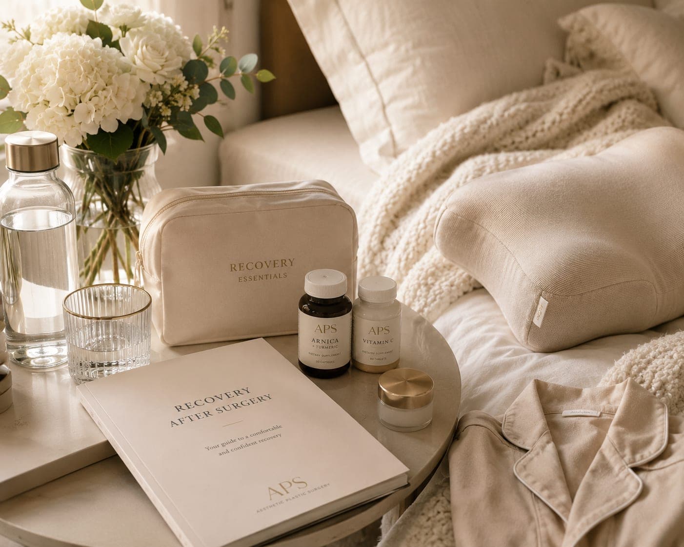 Recovery essentials and an aftercare guide on a bedside table