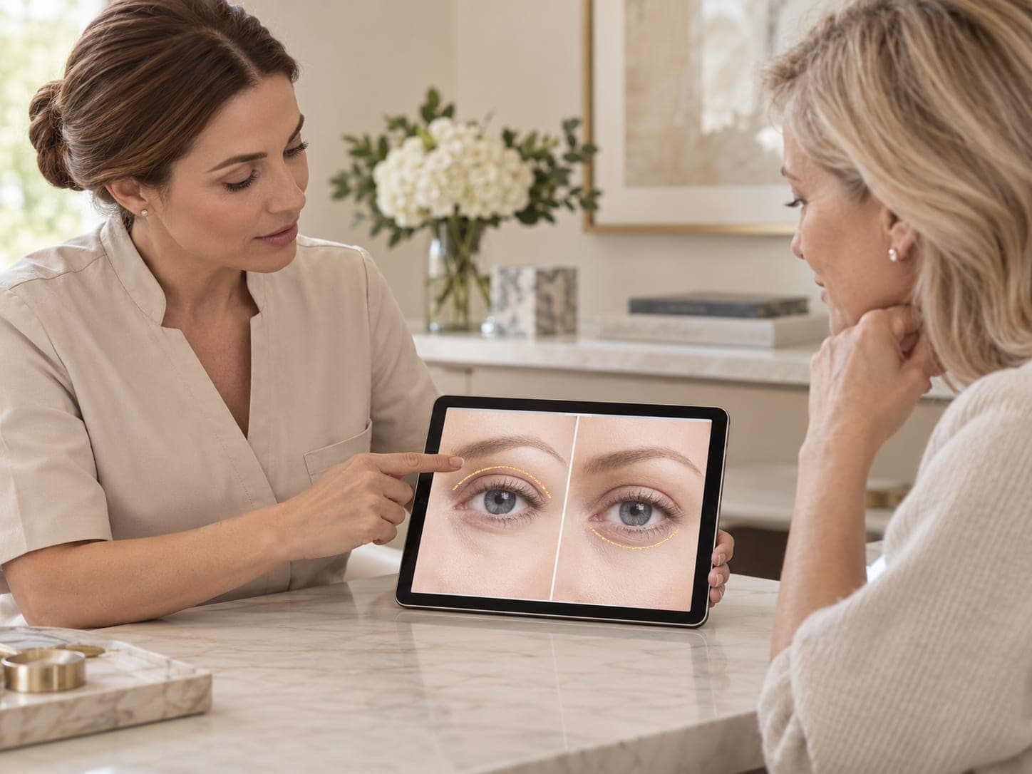Consultant showing a patient eyelid images on a tablet