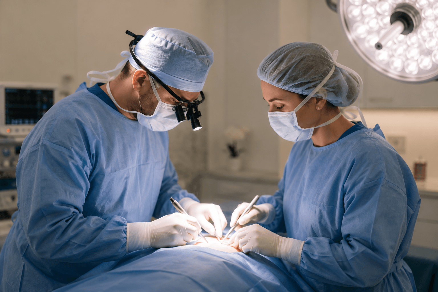 Consultant plastic surgeons performing a procedure in theatre
